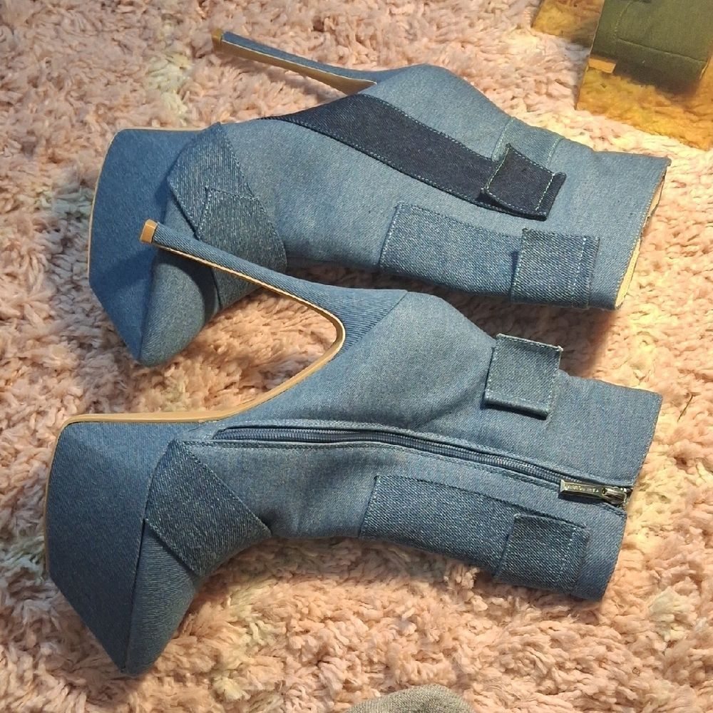 Cape Robbin Blue Patchwork Pointed-Toe Denim Stiletto Ankle Boots